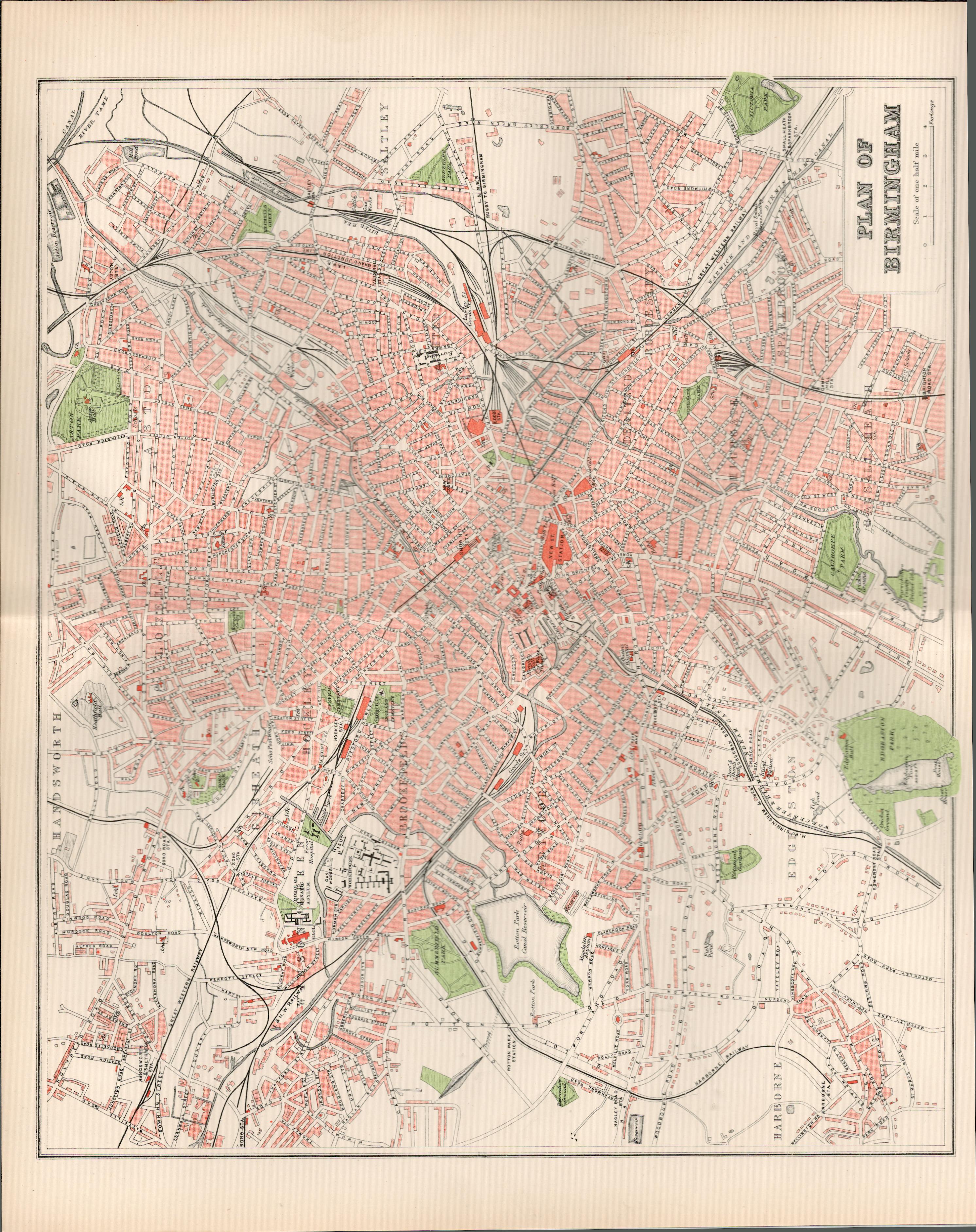 Plan Of Birmingham Victorian 1894 Coloured Antique Map.