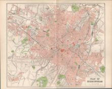 Plan Of Birmingham Victorian 1894 Coloured Antique Map.