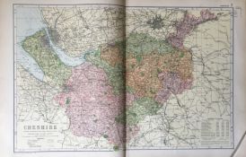 Coloured Antique Large Map Cheshire Liverpool North Wales 1904 Etc.