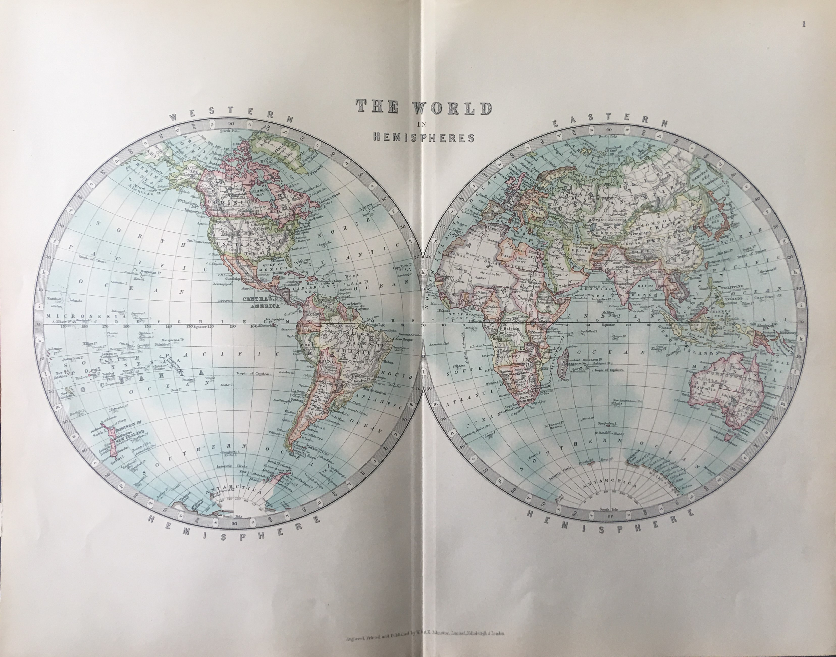 The World In Hemispheres Large Coloured Antique Map.