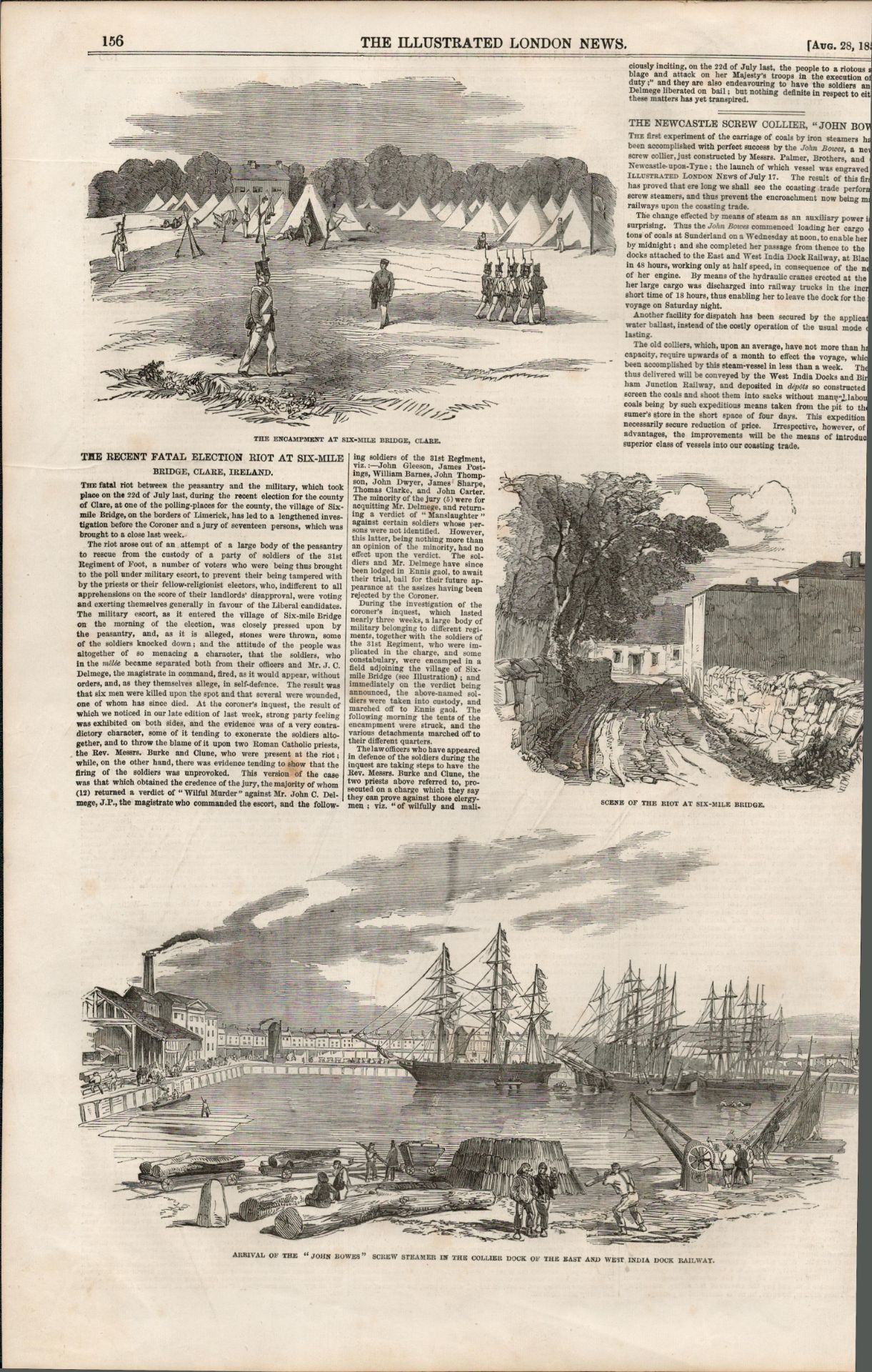 Riot at Six Mile Bridge Clare Ireland 1852 Antique Print.