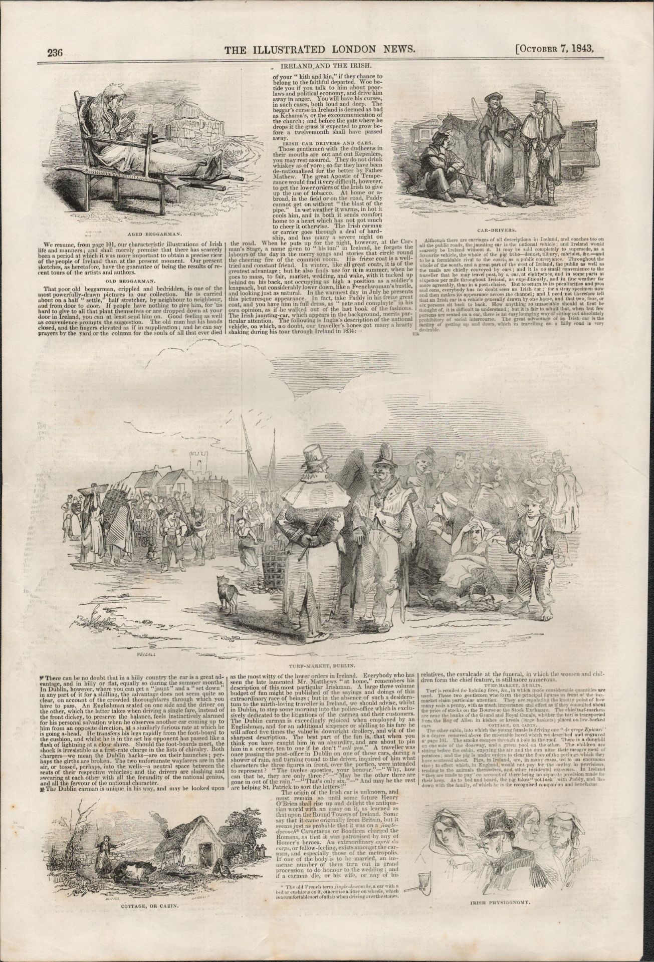 Turf Market Dublin, Beggars, Cab Drivers 1843 Antique Woodgrain Prints