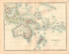 Oceania Australia New Zealand Micronesia Polynesia Coloured Antique Map.