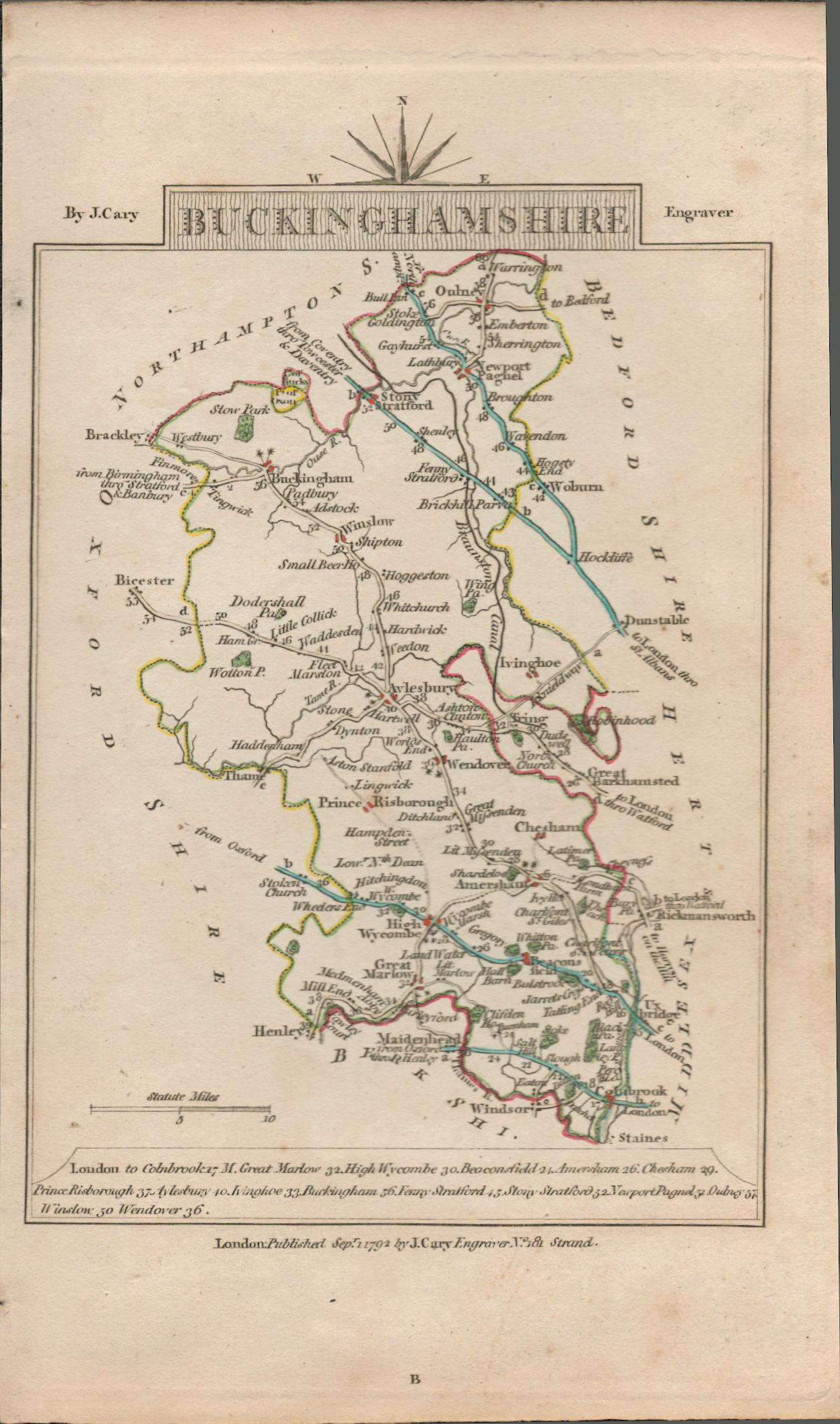 John Carys 1791 230 Yrs Old Engraved Map Buckinghamshire & Cambridgeshire. - Image 2 of 2