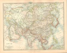 Asia India Arabia Tibet Siberia Japan Large Coloured Antique Map.
