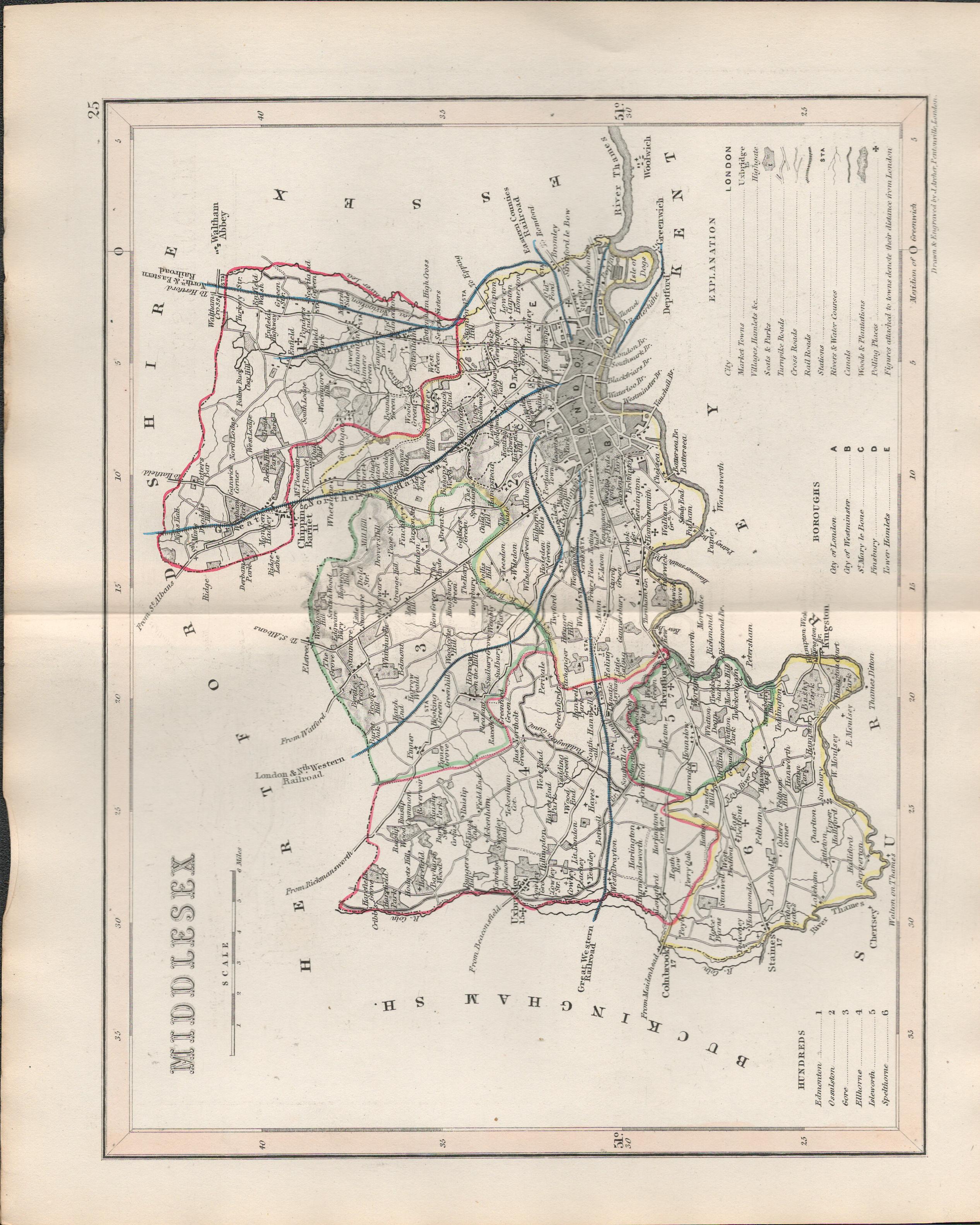 Middlesex 1850 Antique Steel Engraved Map Thomas Dugdale.