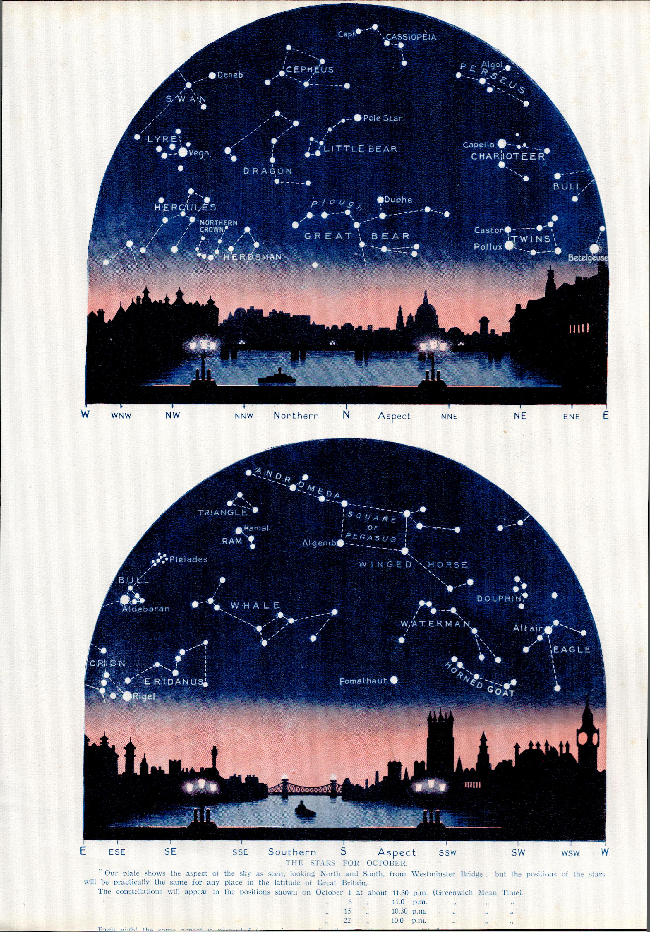 The Stars for October Over London Astronomy Antique Book Plate.