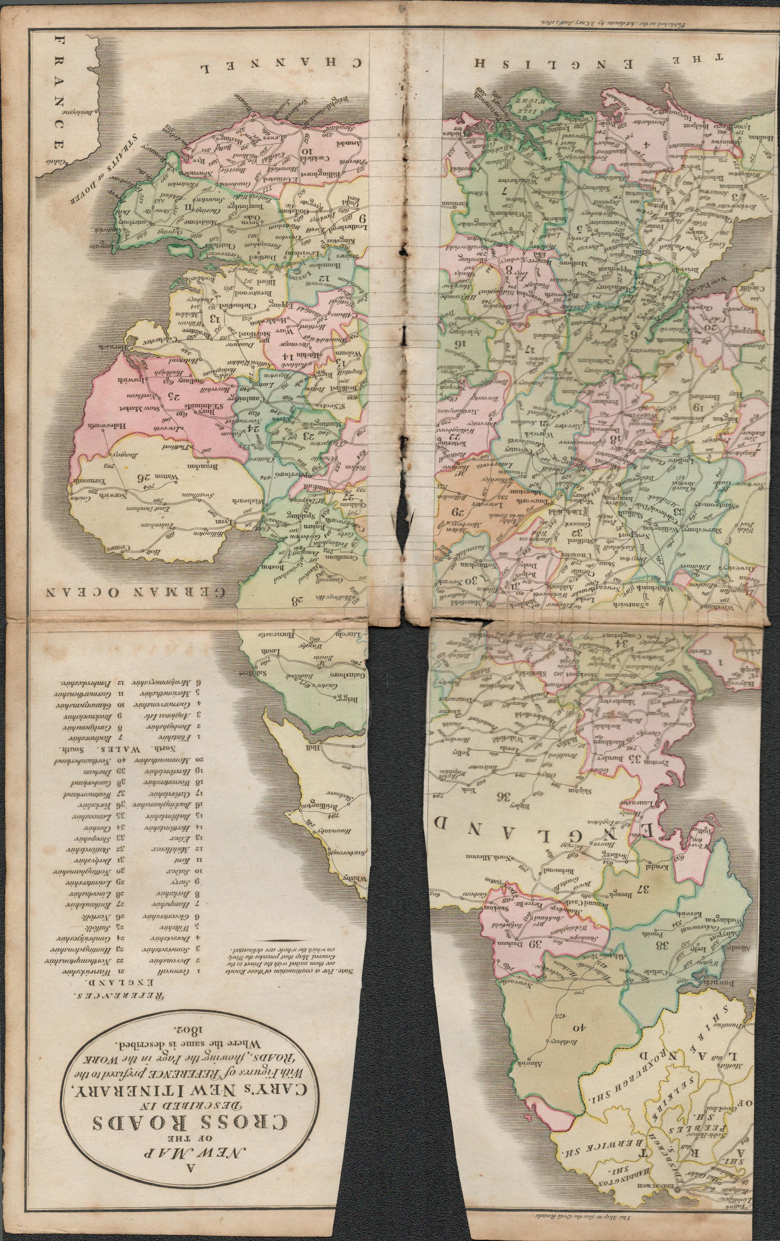 John Carys 1791 Large Rare Folding Map of the Crossroads of England & Wales.