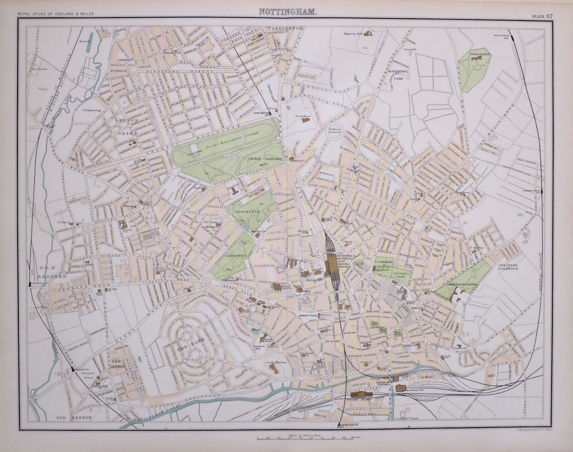 Victorian Antique 1897 Large Detailed Map City of Nottingham.