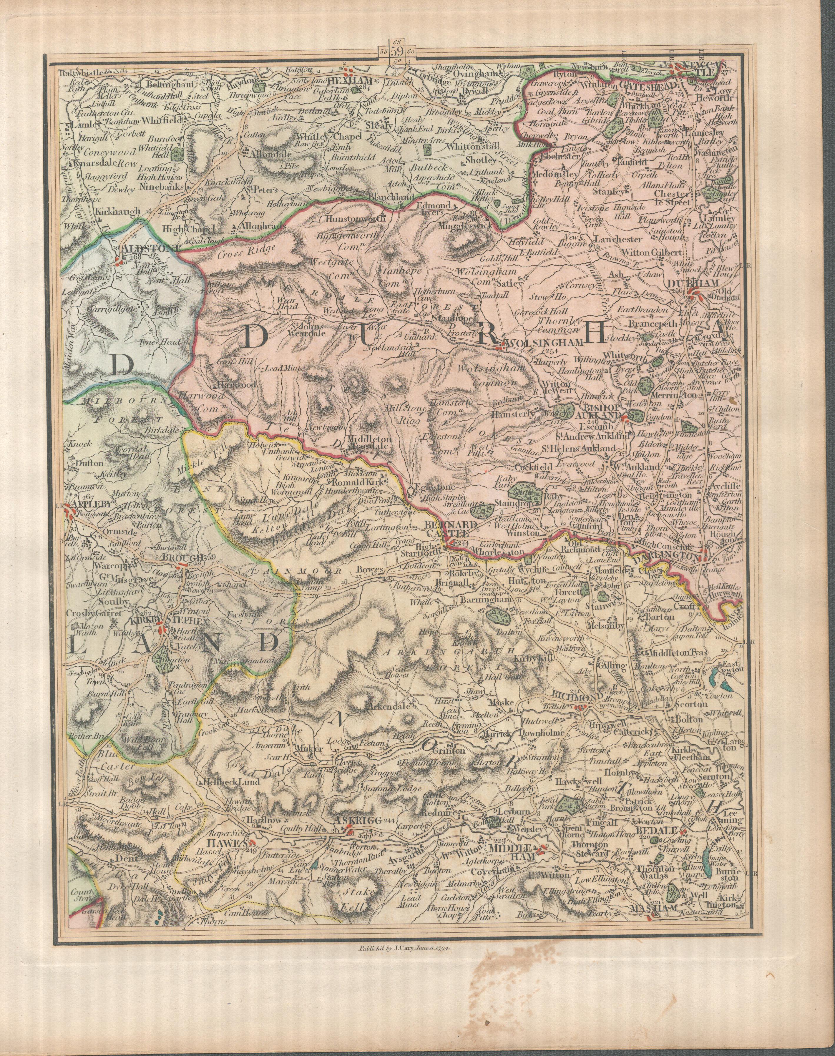 North Pennines & Yorkshire Dales Durham - John Carys Antique 1794 Map.