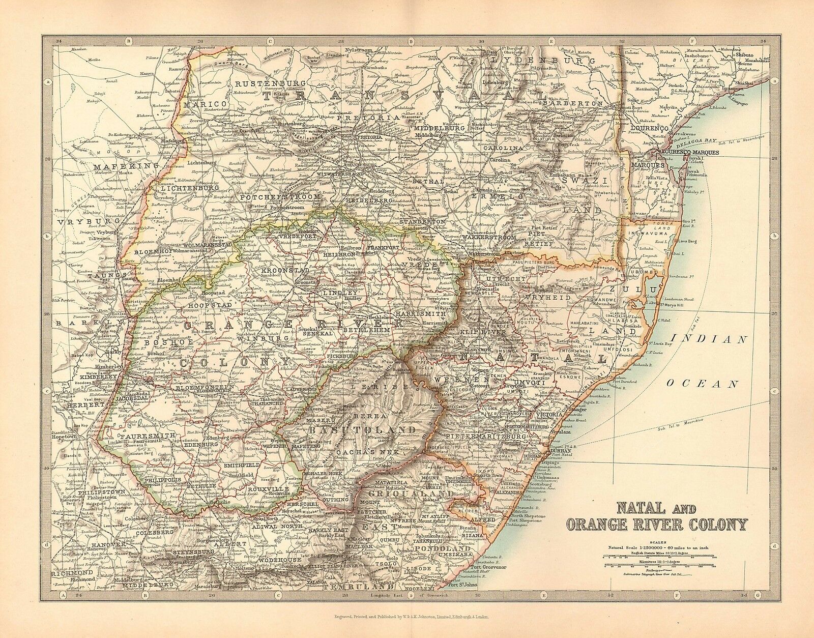 Africa Natal & Orange Free State Large Coloured Antique Map.