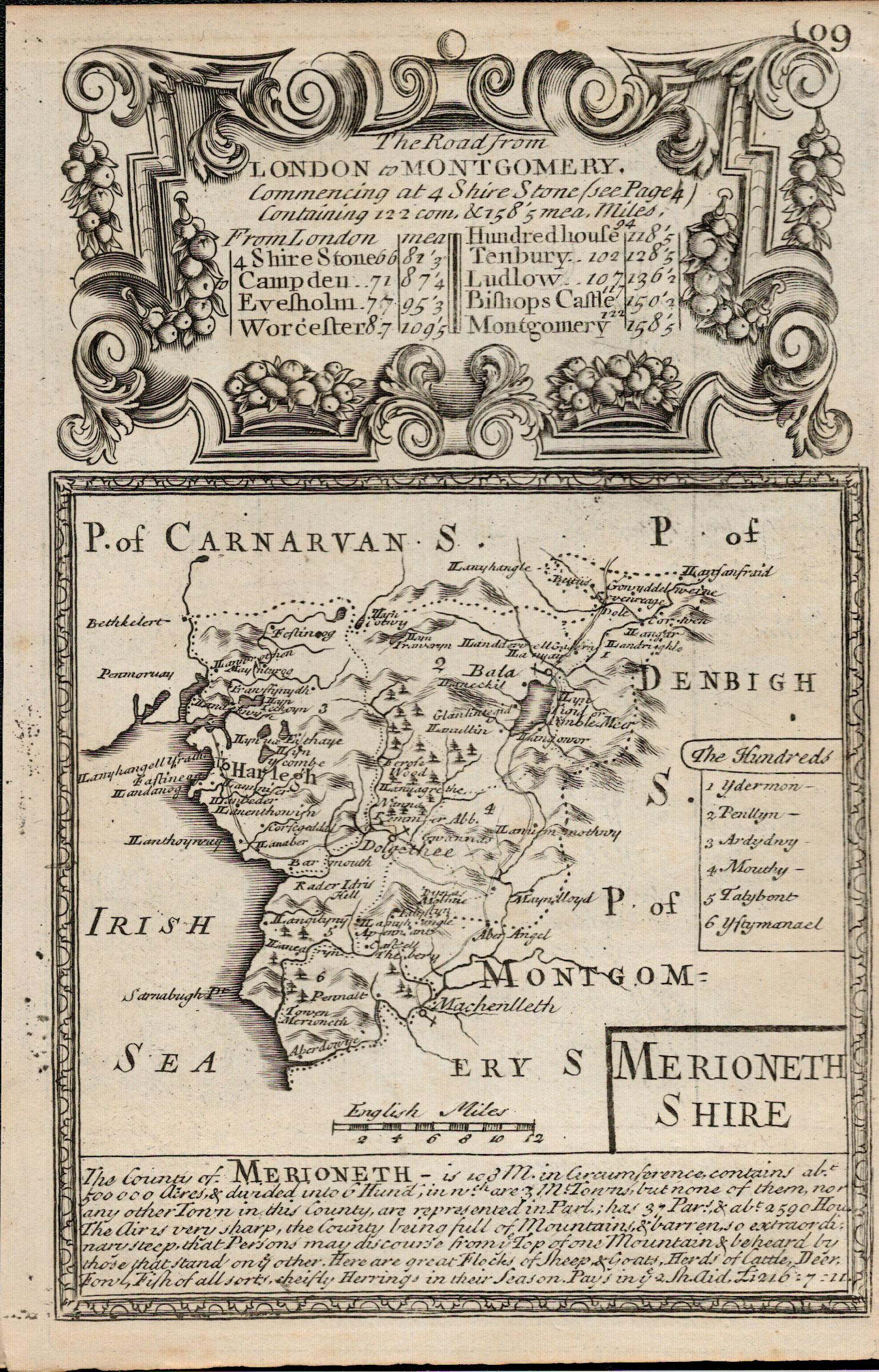 Britannia Depicta E Bowen c1730 Map Wales Denbigh Bala Barmouth Irish Sea