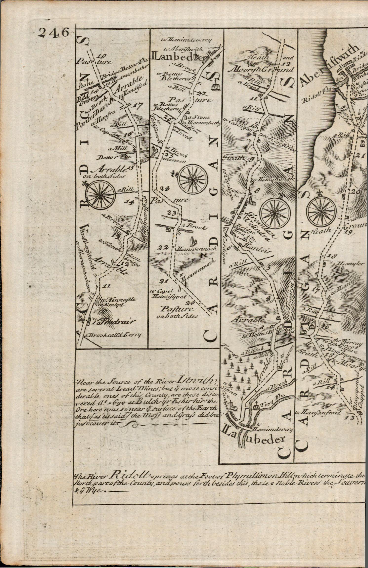 Britannia Depicta E Bowen c1730 Map Wales Carmarthen, Cardigan Aberystwyth.