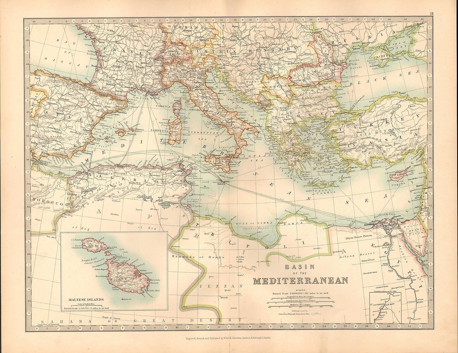 The Mediterranean Greece Italy Spain Etc Large Coloured Antique Map.