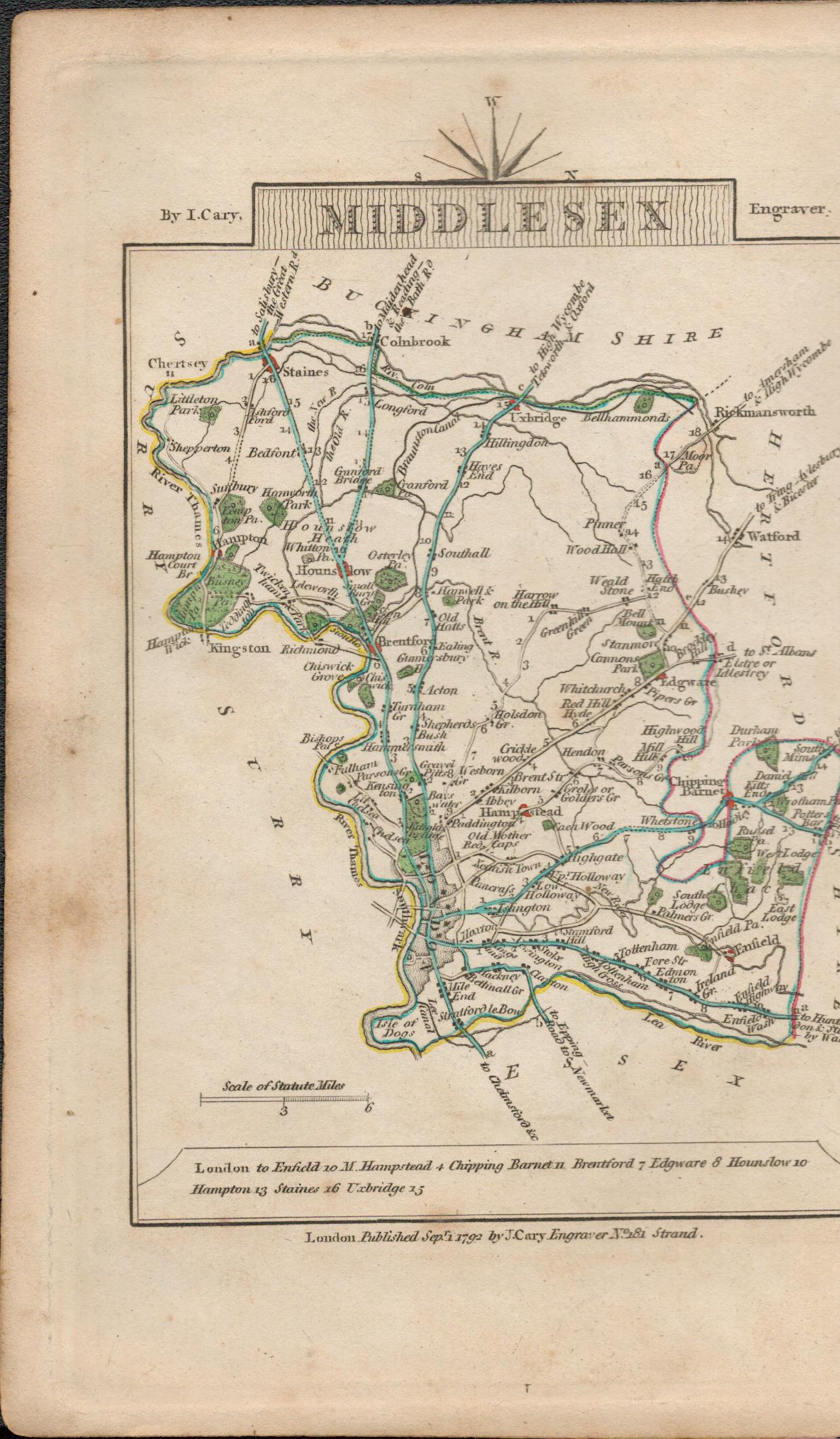 John Carys 1791 Antique Copper Engraved Map Middlesex & Lincolnshire.