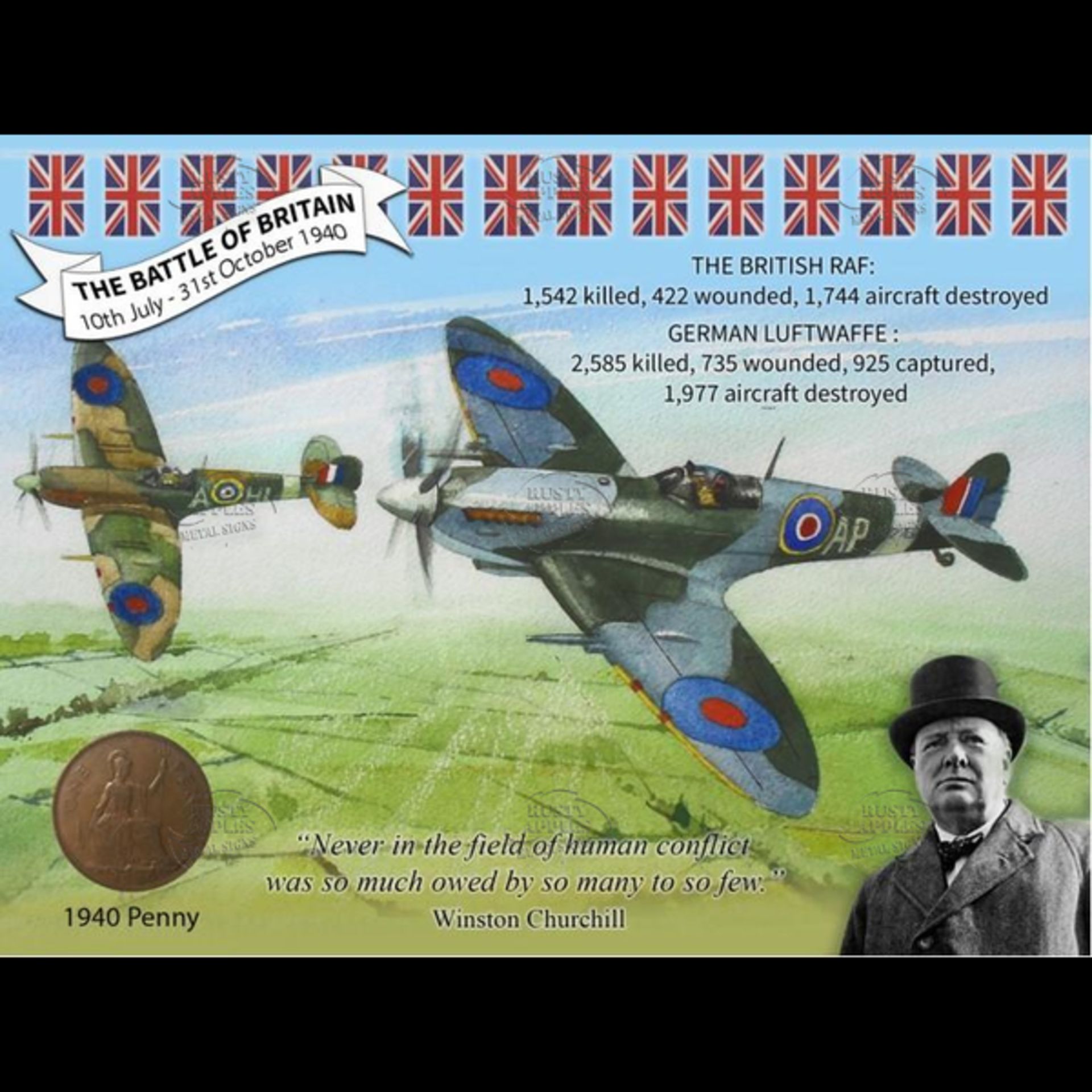 WW2 The Battle Of Britain Pair Supermarine Spitfire 1940 Penny Metal Art