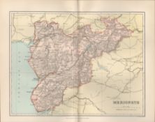 County Of Merioneth Wales Victorian 1894 Coloured Map.