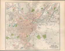 Plan Of Sheffield Victorian 1894 Coloured Antique Map.