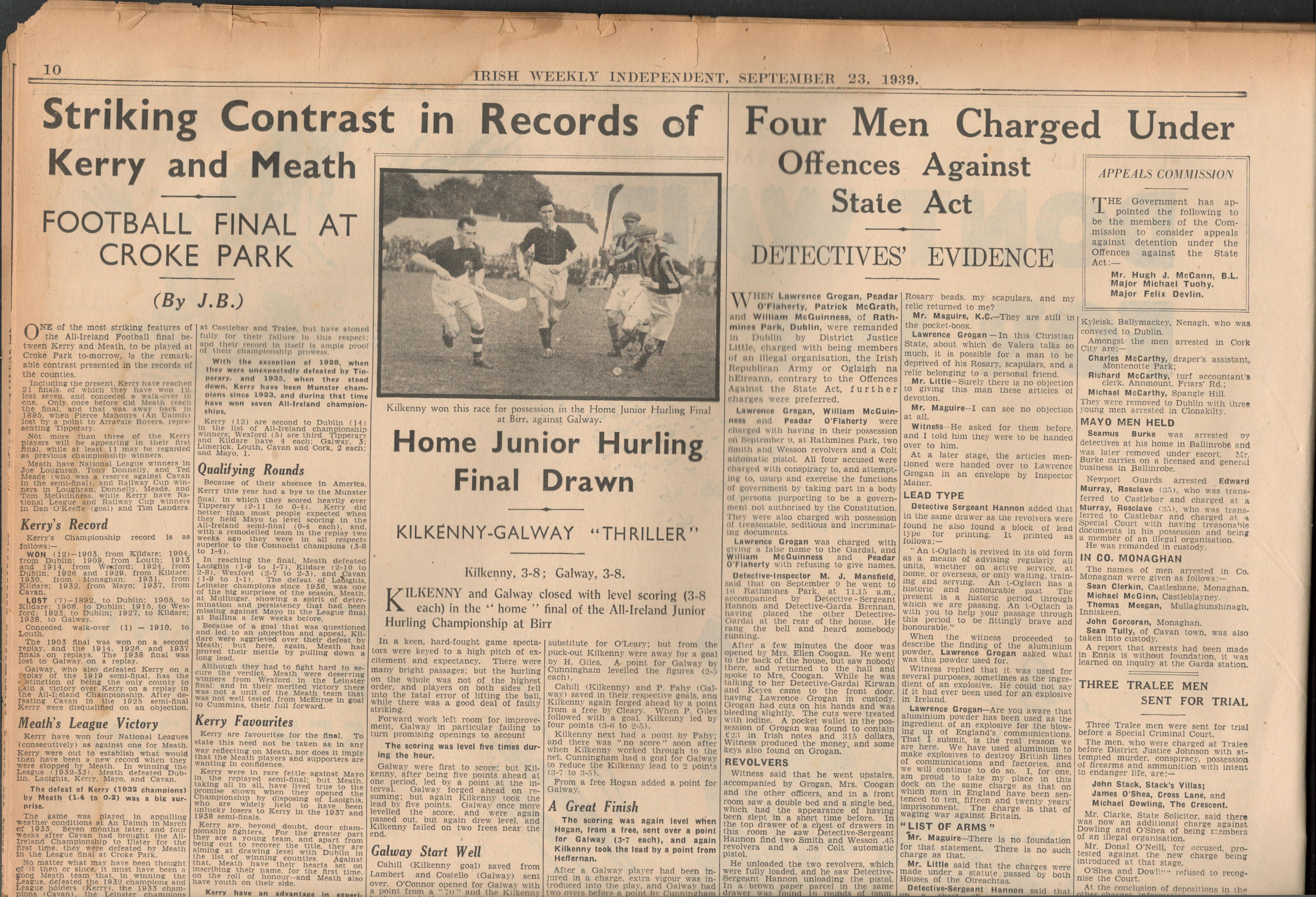 Kerry V Meath 1939 GAA All-Ireland Football Final at Croke Park Newspaper