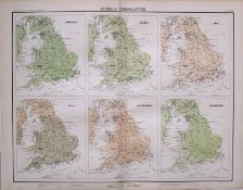 Victorian Antique 1897 Map England & Wales Average Central Temperature.