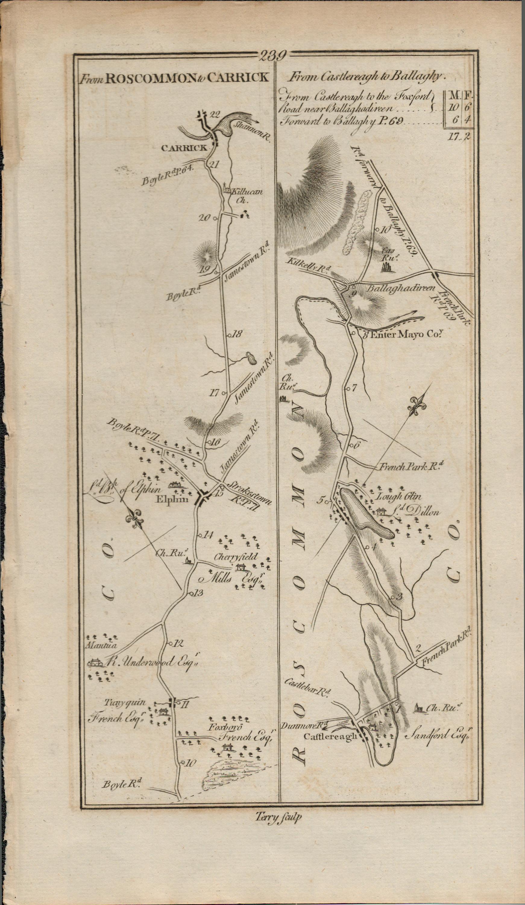 Taylor & Skinner 1777 Ireland Map Roscommon to Carrick Castlereagh Etc.