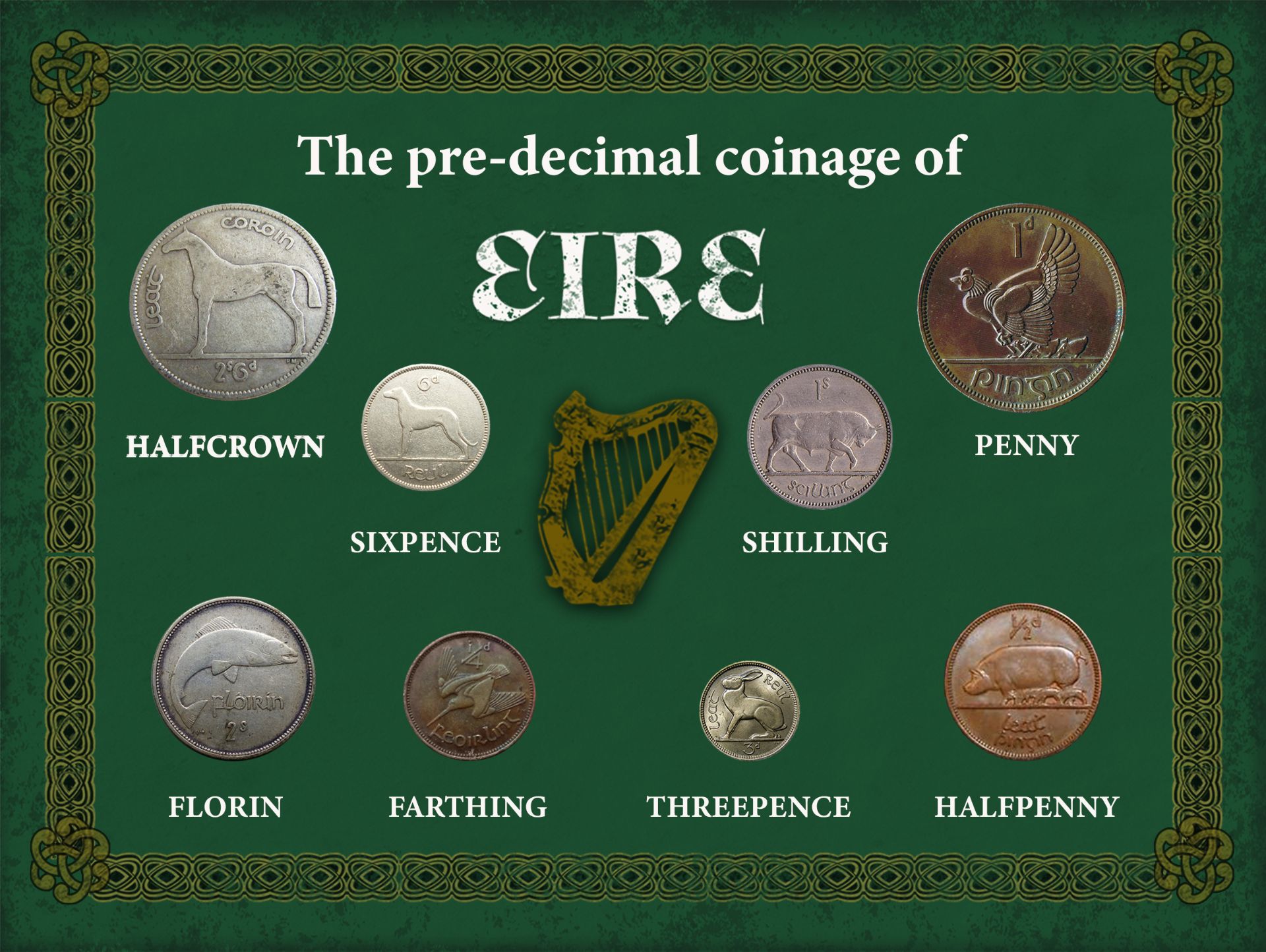 Ireland Eire Irish Vintage Pre-Decimal 1928- 1968 Coin Metal Art Display Set