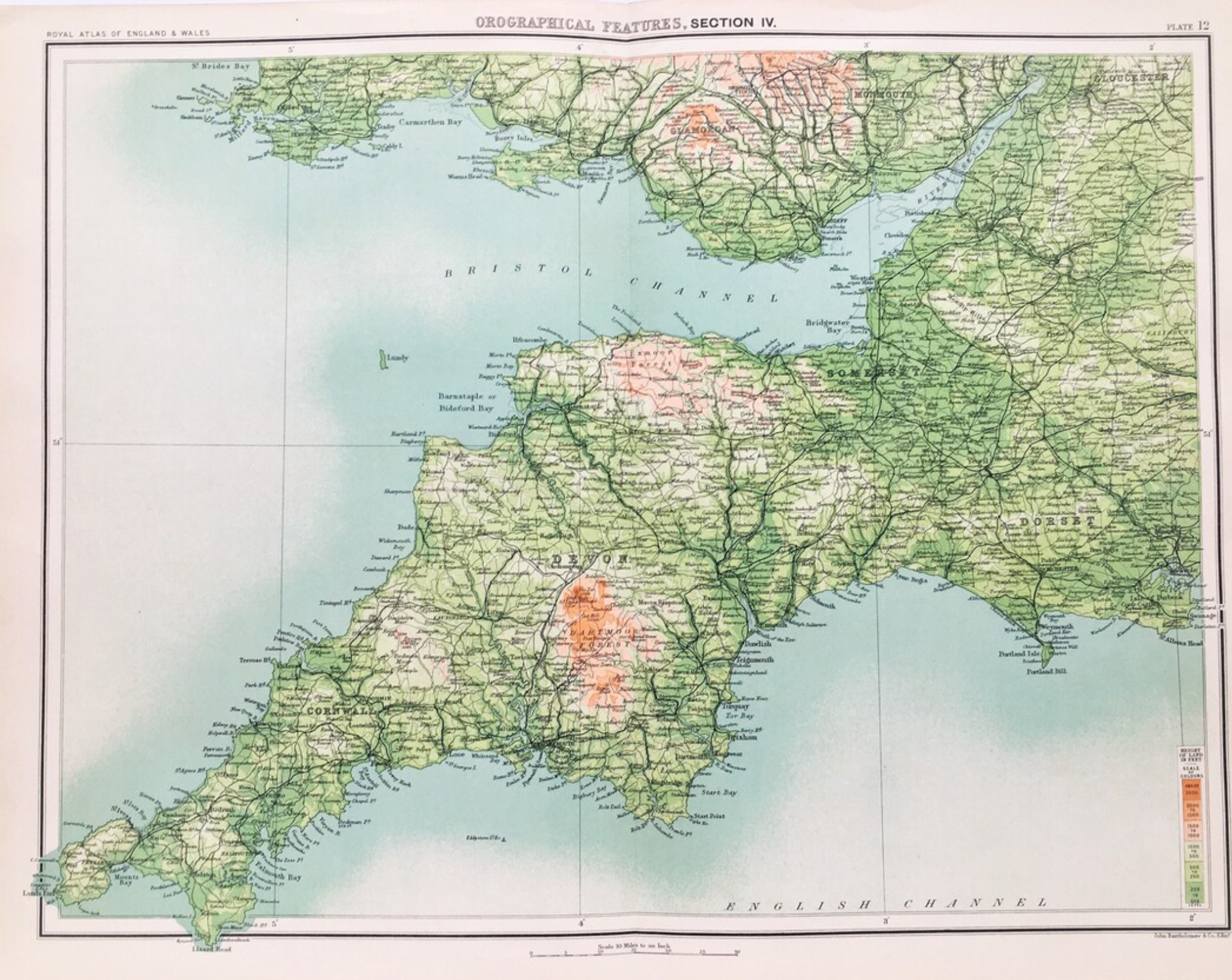Victorian 1897 Orographical Map Cornwall, Devon, Dorset, Somerset.