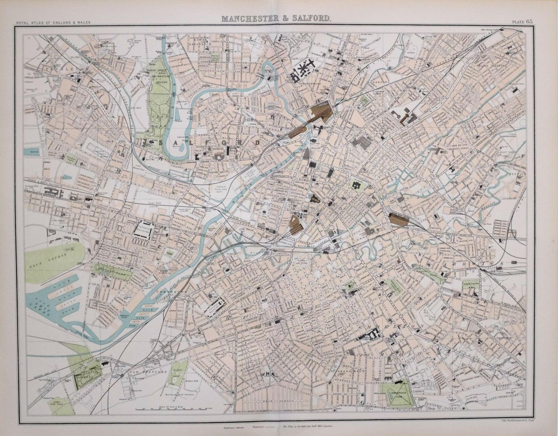 Victorian Antique 1897 Large Detailed Map Cities of Manchester & Salford.