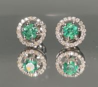 Beautiful Natural Emerald Halo Set Stud Earrings 18k White Gold