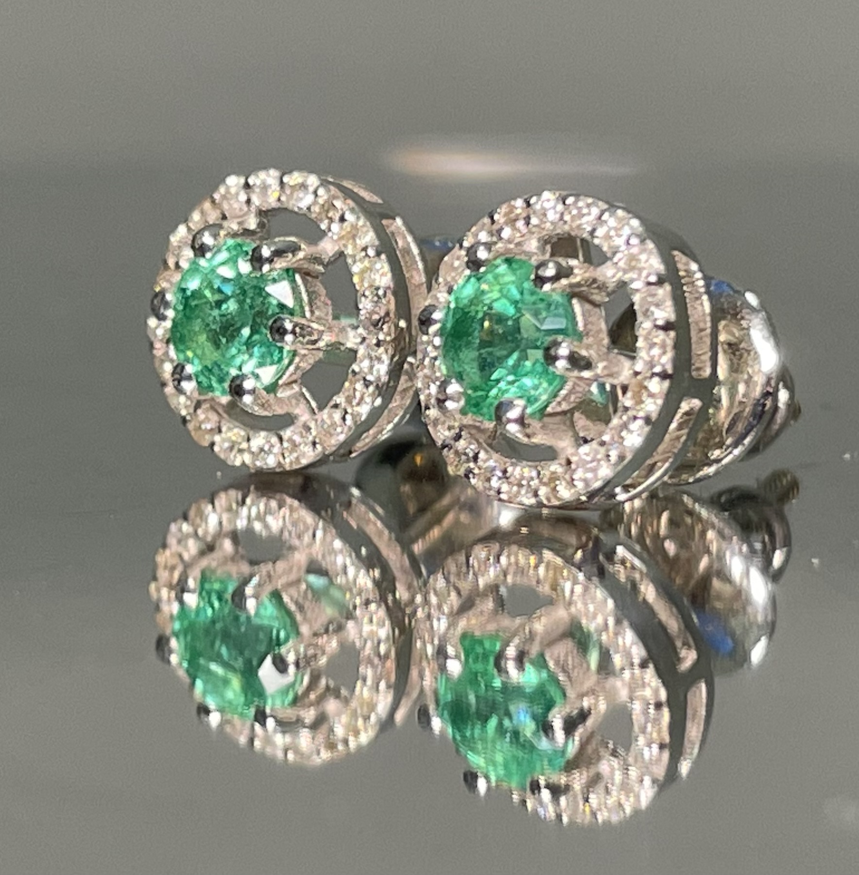 Beautiful Natural Emerald Halo Set Stud Earrings 18k White Gold - Image 2 of 7
