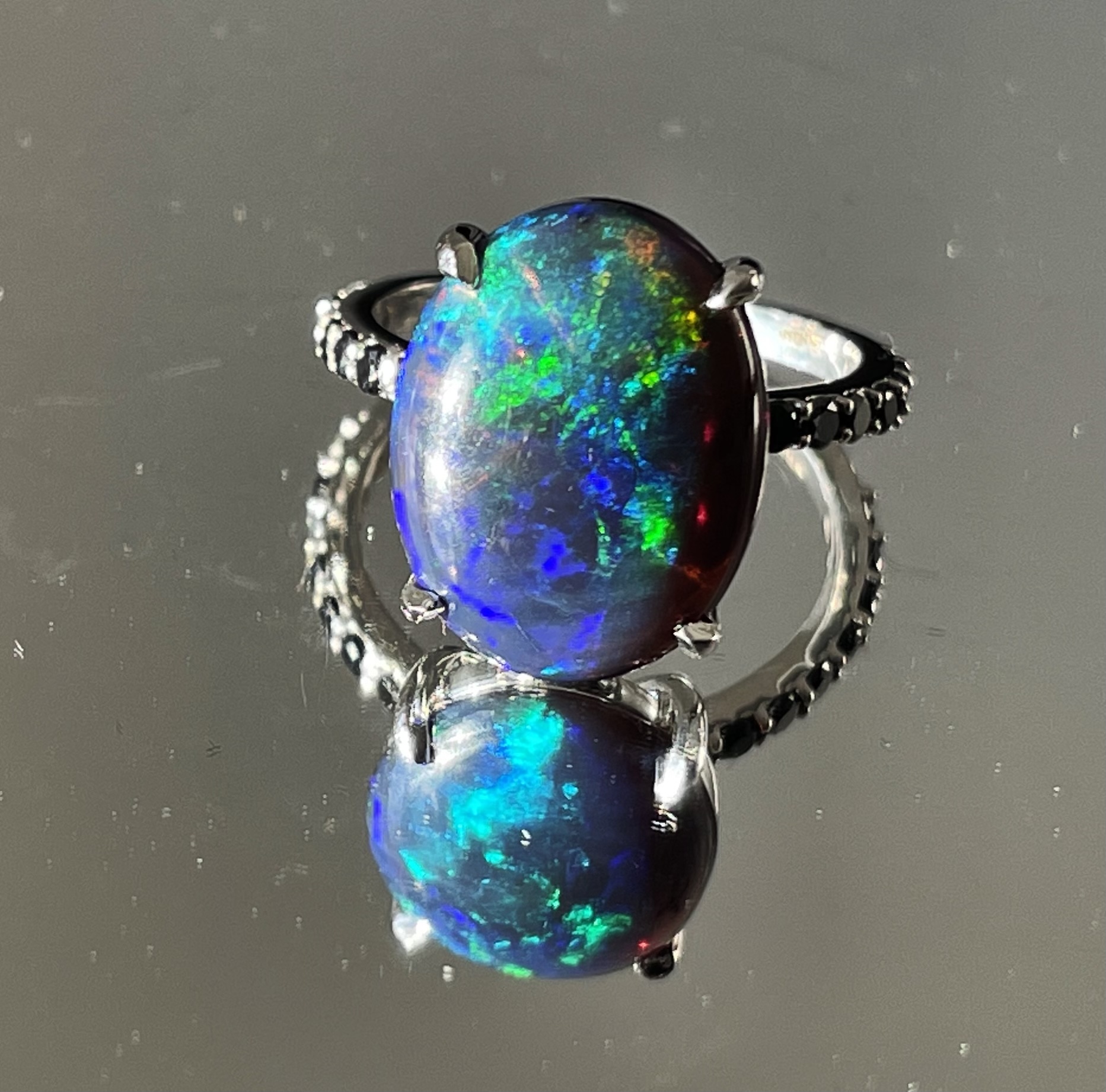 Beautiful 5.22 CT Natural Black Opal Ring With Natural Black Diamond & 18k Gold