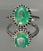 Beautiful Natural Emerald Ring With Natural Black Diamonds and 18k Gold