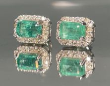 Beautiful Natural Emerald Halo Set Stud Earrings 18k White Gold