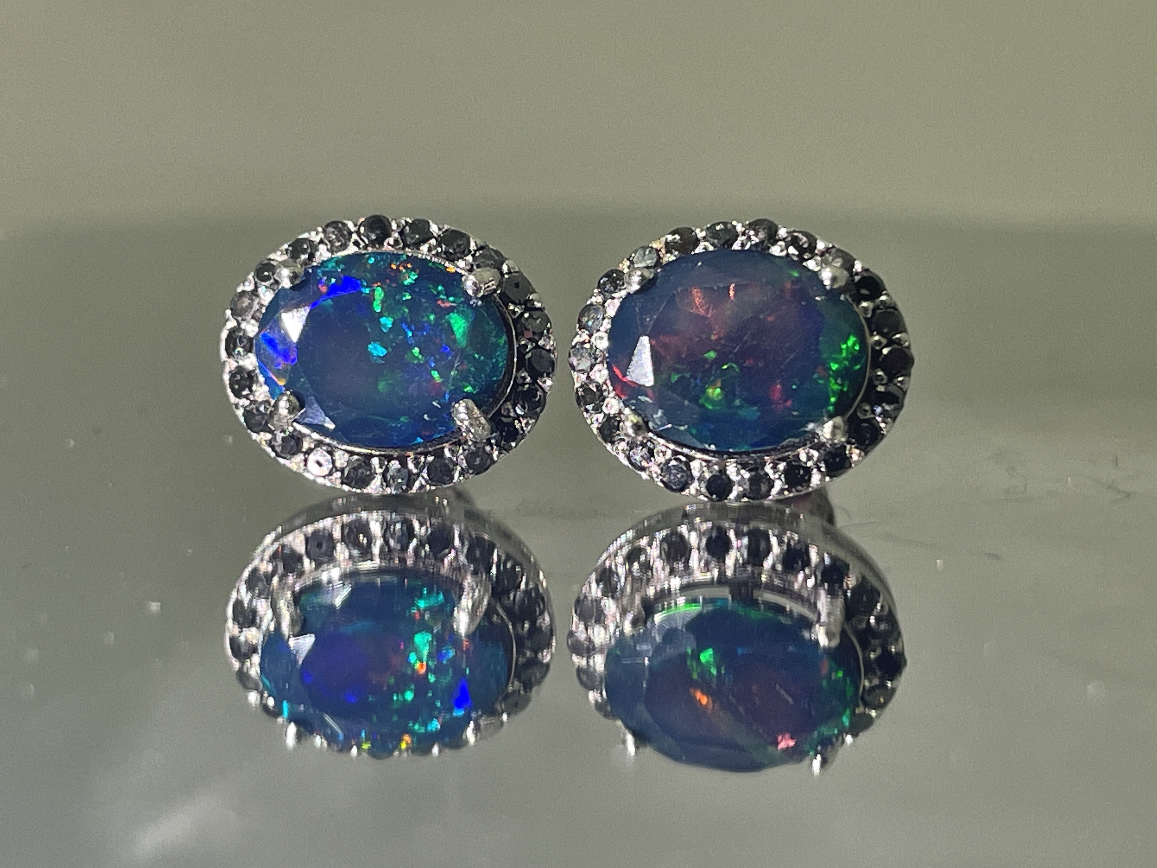 Beautiful Natural Black Opal Earrings With Natural Black Diamond & 18k Gold - Image 5 of 11