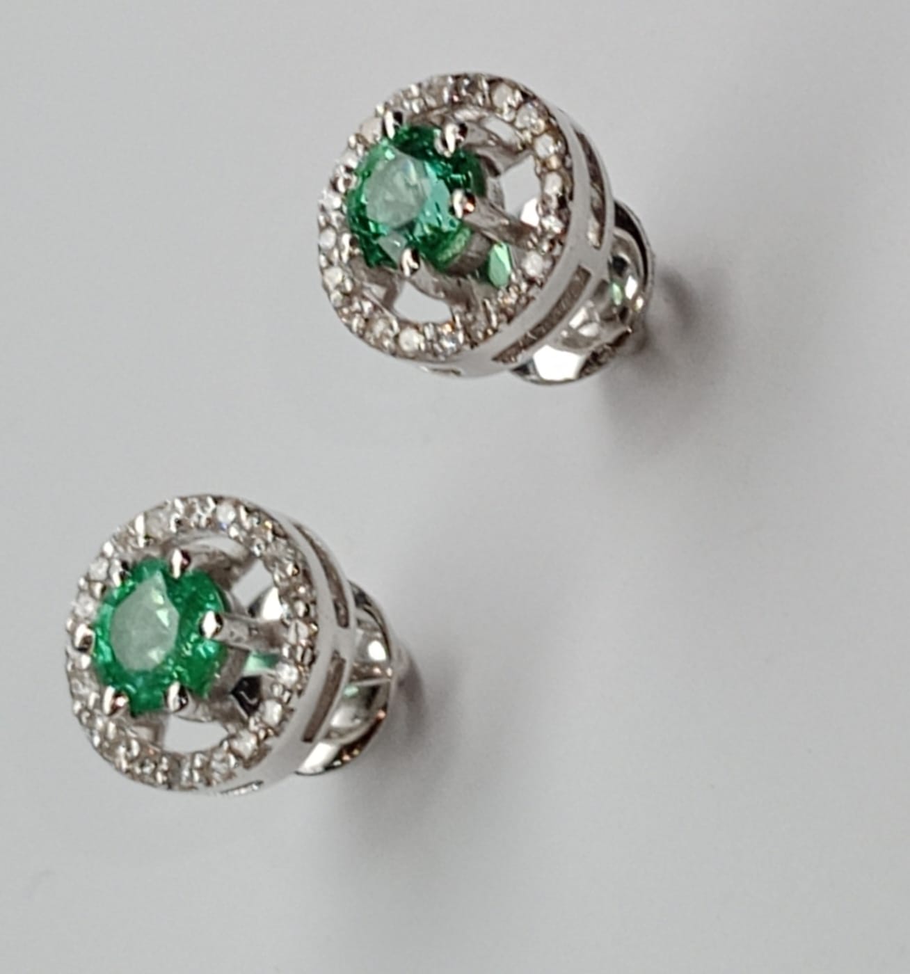 Beautiful Natural Emerald Halo Set Stud Earrings 18k White Gold - Image 3 of 7