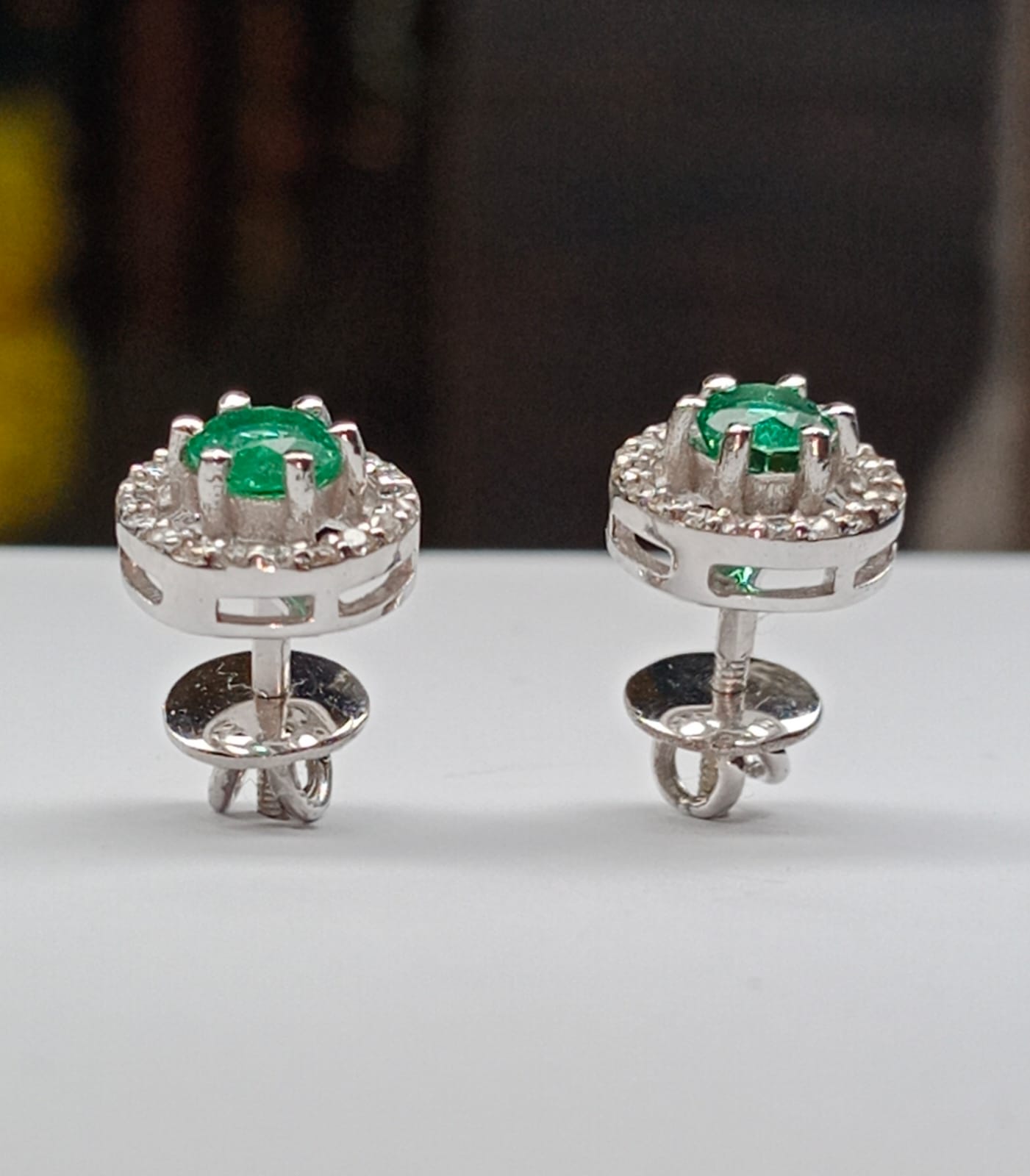 Beautiful Natural Emerald Halo Set Stud Earrings 18k White Gold - Image 5 of 7