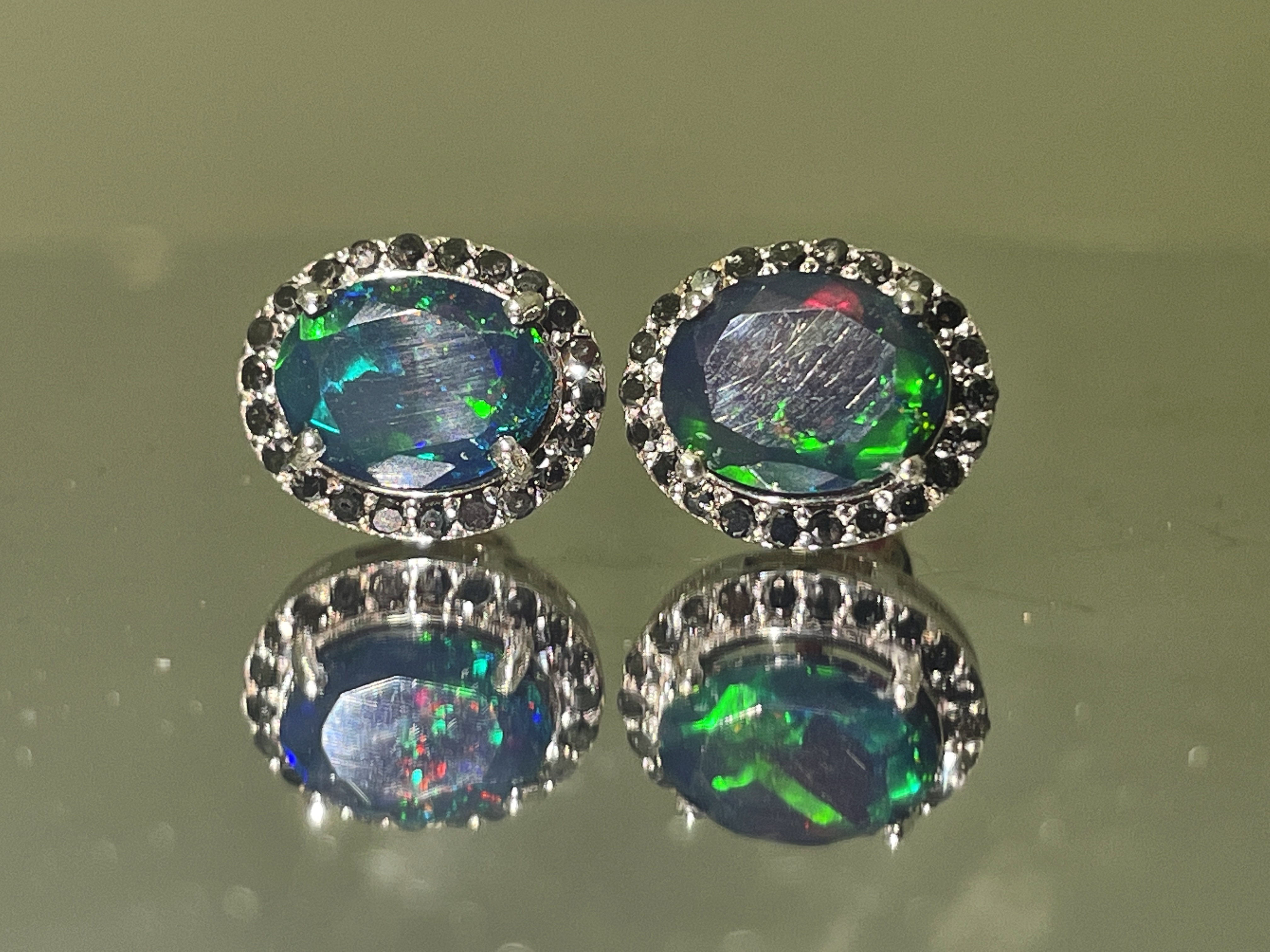 Beautiful Natural Black Opal Earrings With Natural Black Diamond & 18k Gold - Image 4 of 11