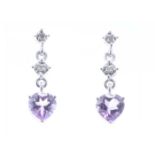 9ct White Gold Amethyst Heart Shape Diamond Earrings