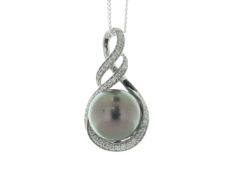 18ct White Gold Diamond and Pearl Drop Pendant (PL1.00) 0.21 Carats