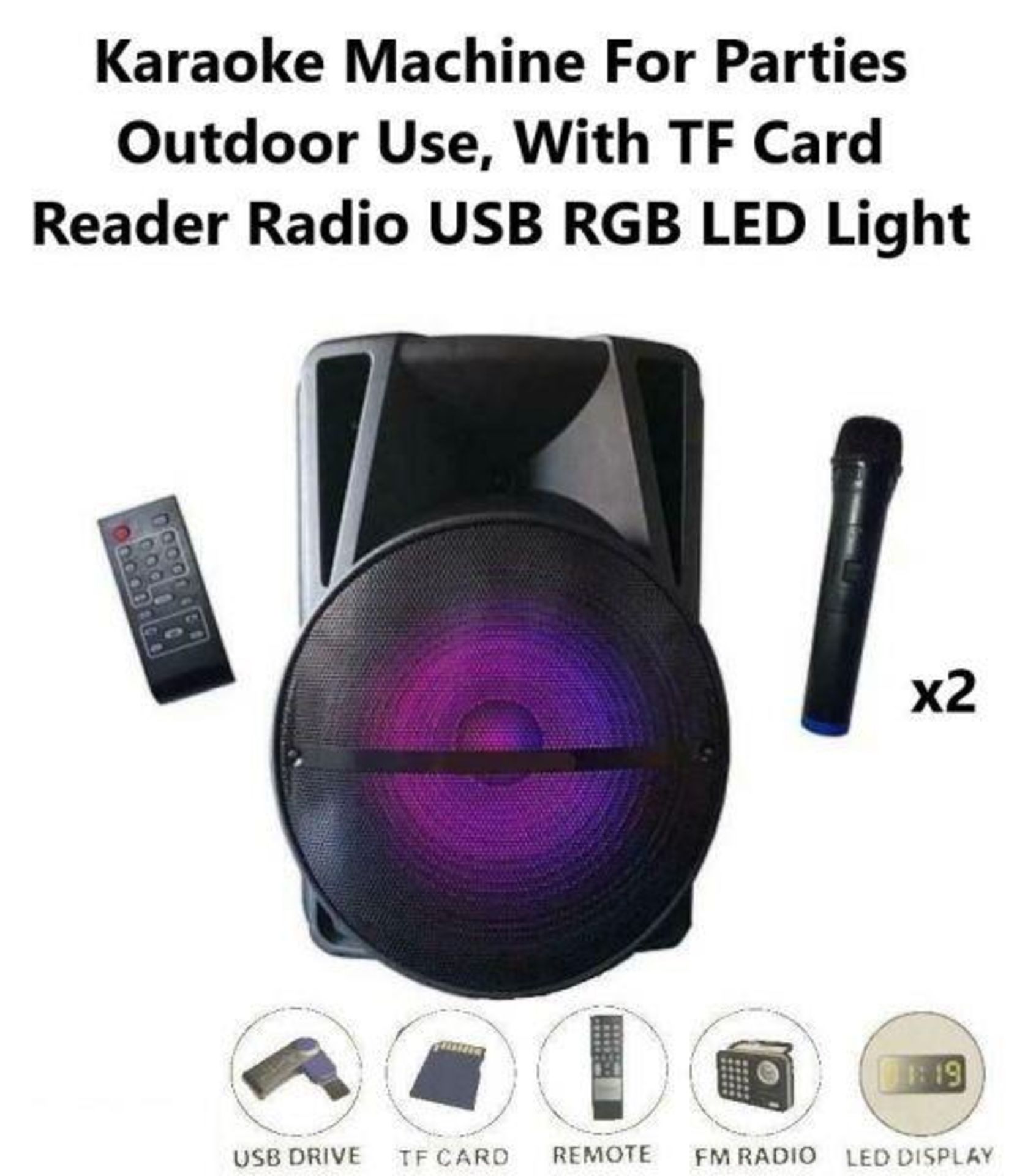 15" Karaoke Machine Portable Bluetooth AUX Speaker With Microphones
