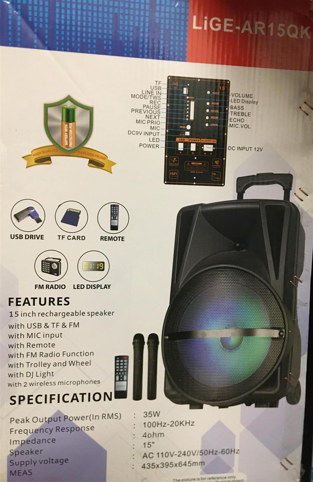 15" Karaoke Machine Portable Bluetooth AUX Speaker With Microphones - Image 4 of 4