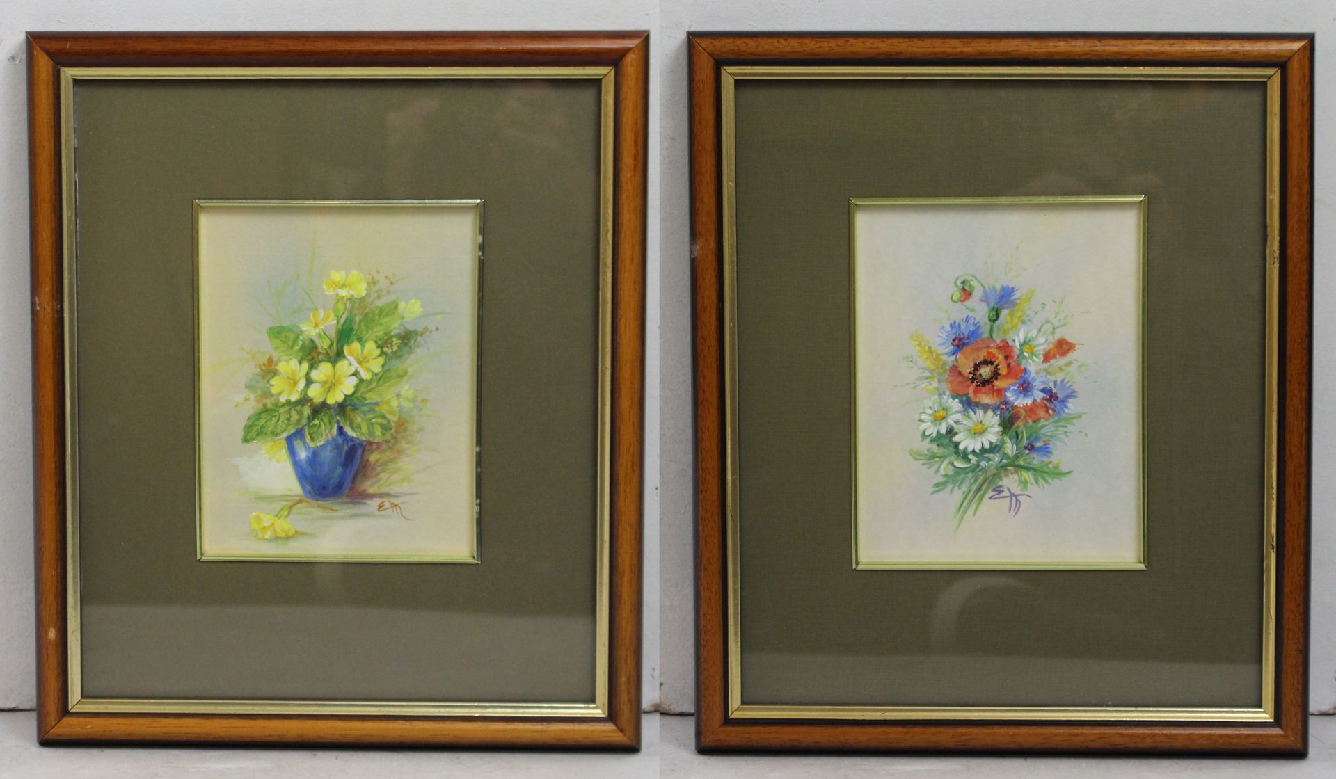 Pair of Water & Gouache Still Life Flowers Framed