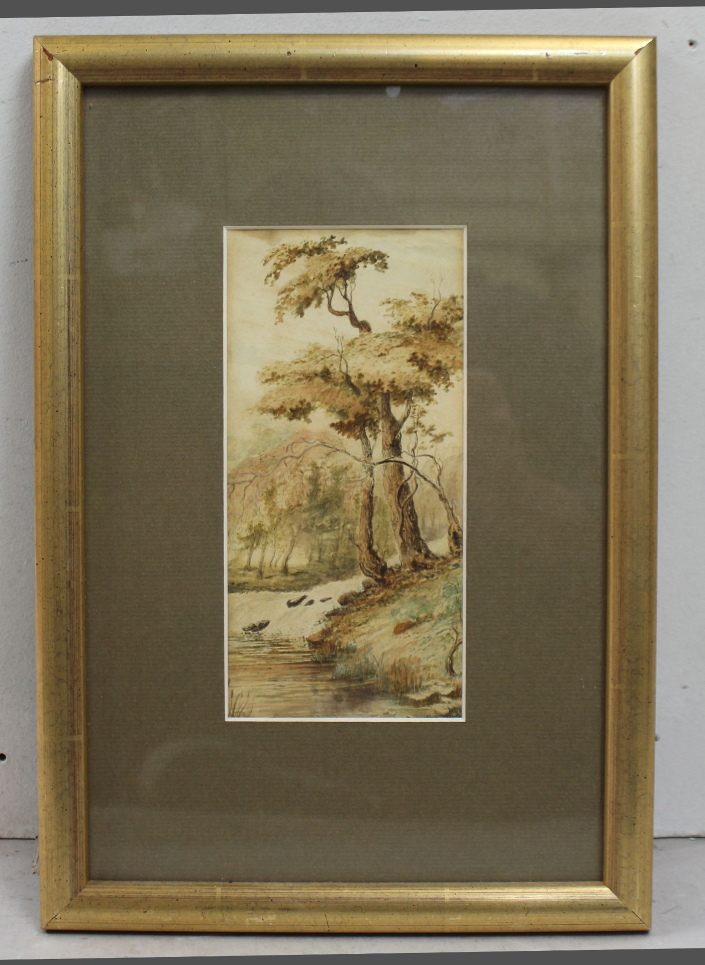 Early 20th c. Watercolour Tree by River Bank