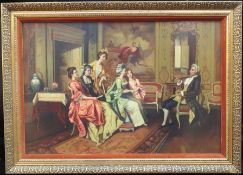 Fine Aristocratic Interior Genre Oil Painting Set in Gilt Frame