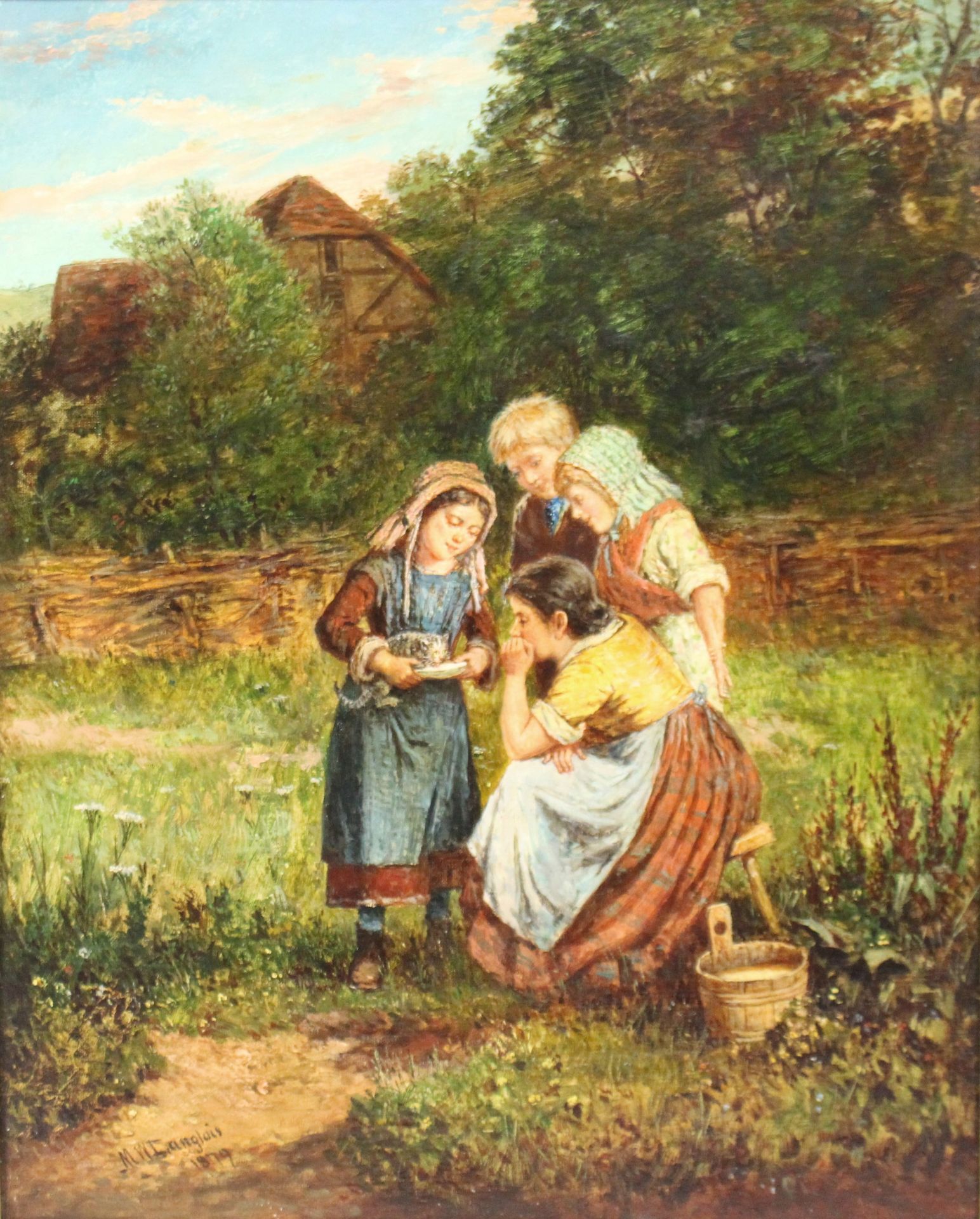 Feeding the Kitten by Mark William Langlois (British, 1848-1924) Oil on Canvas - Image 2 of 8