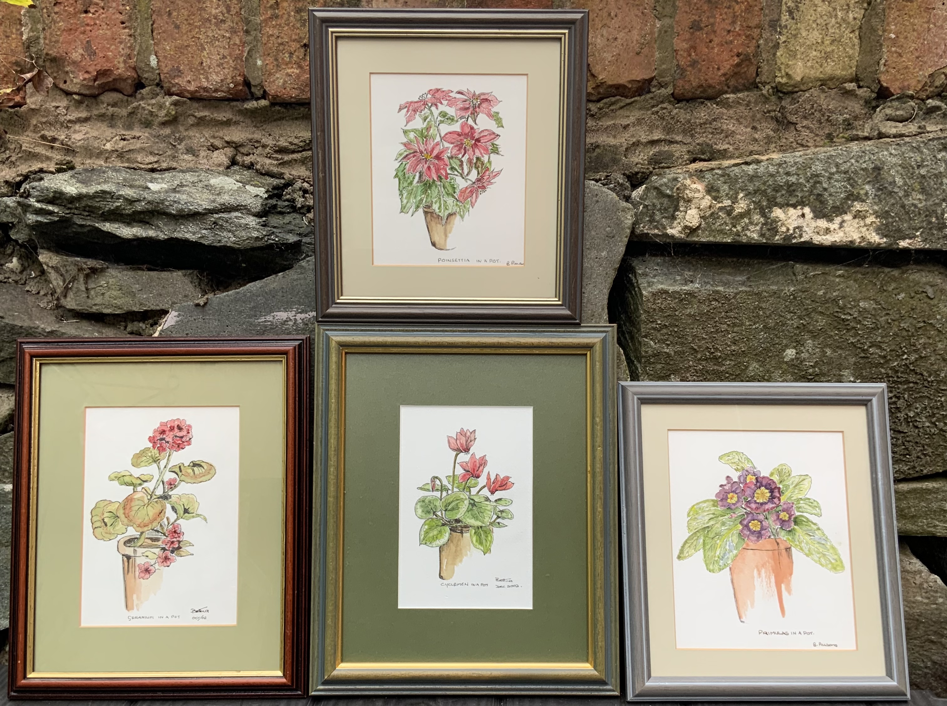 Four Paintings Still Life of Flowers Watercolour on Board English Signed 20th Century