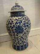 Old Chinese Porcelain Blue and White Baluster-Shaped Covered Vase with Lotus Flower Heads...
