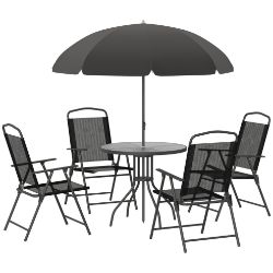 George 6PC Garden Dining Set Outdoor 4x Folding Chairs Table Black 1x Parasol 1x Table RRP £179