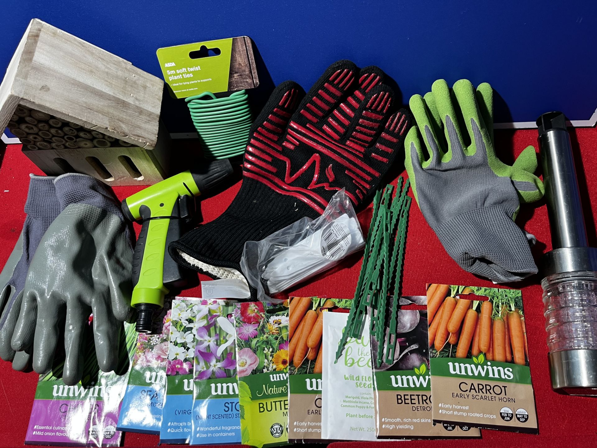 J1/C - Job Lot of Gardening accessories, Seeds, Gloves, Bug House, Twist Ties, Solar Light + More