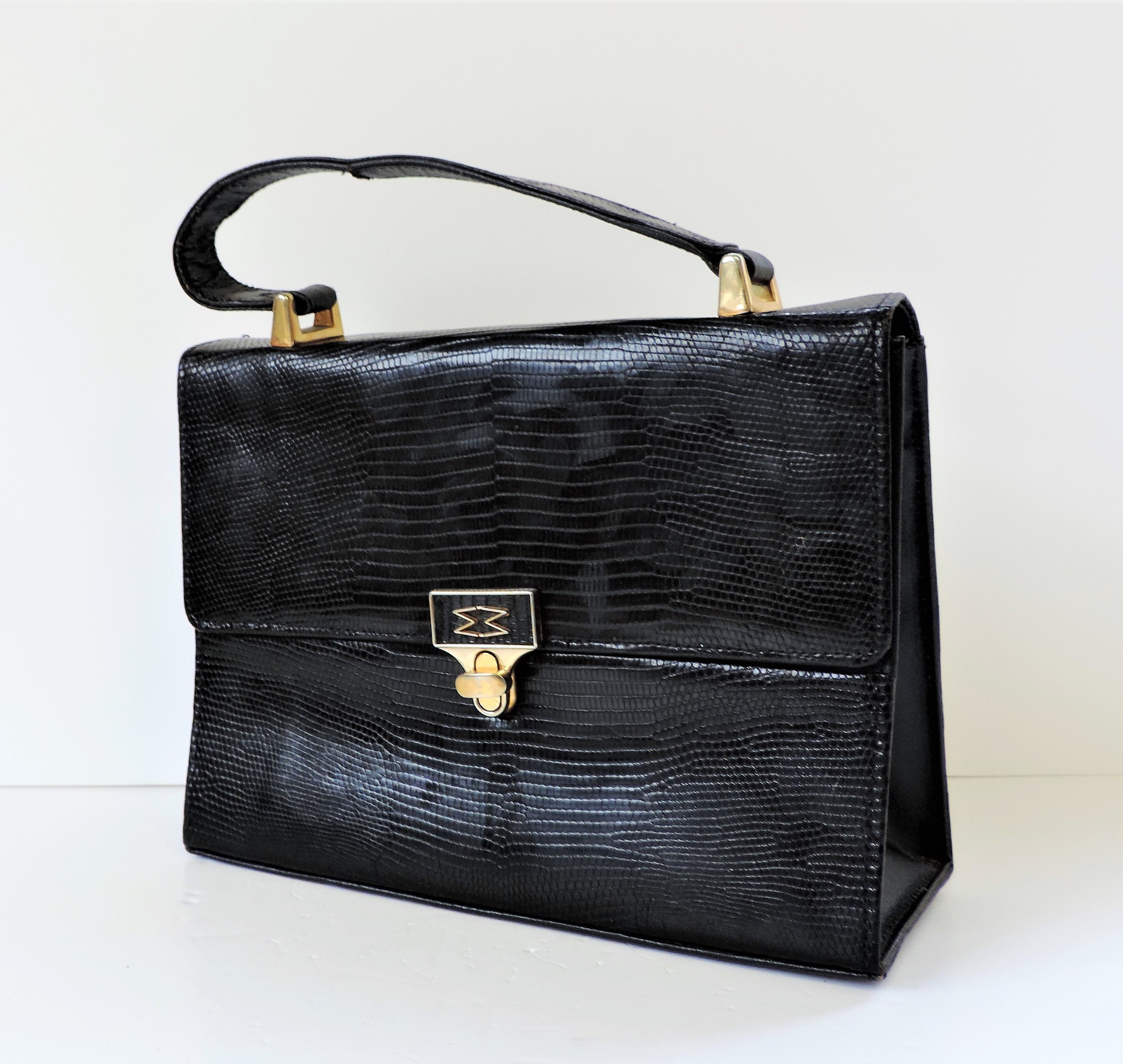 Vintage Mappin & Webb Black Lizard Skin Handbag - Image 2 of 9